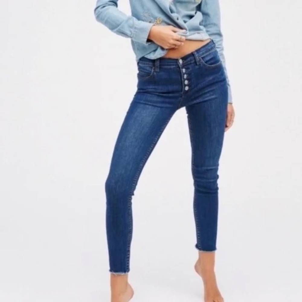 Free People Button Fly Skinny Frayed Jeans